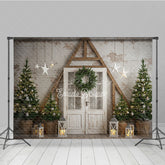 Aperturee - Aperturee Farmhouse Christmas Door Photography Backdrop Rustic A-Frame with Trees Holiday Mini Session Background